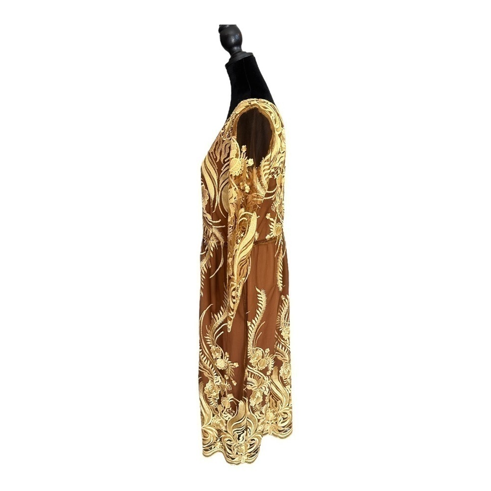 Custom Made Lace Tan & Gold Floral Dress Sun Goddess Cottagecore Apprx Sz L/XL - Picture 6 of 8